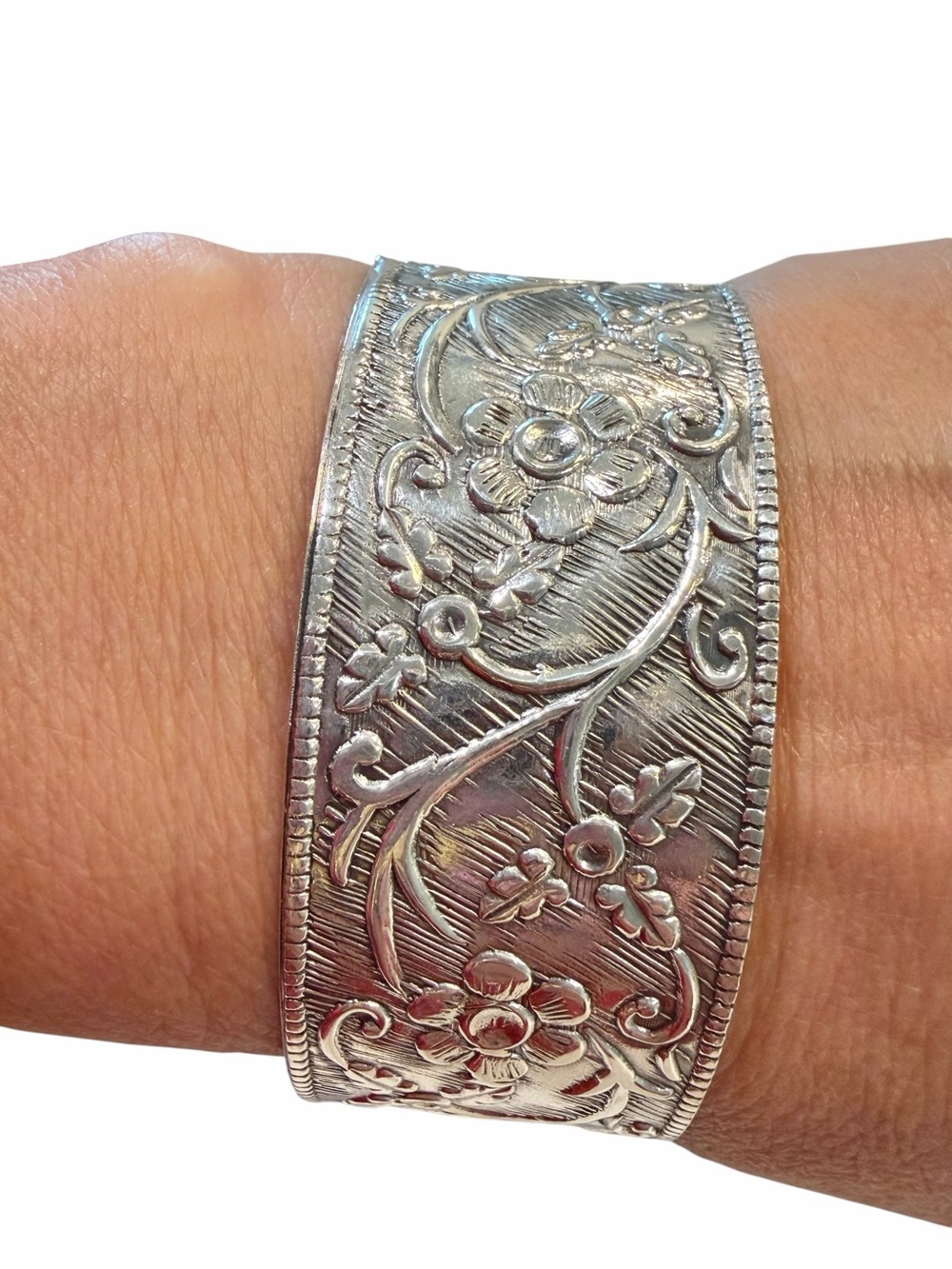 Sterling Silver Ornate Floral Cuff Bracelet -1.25" Wide 925 Stamped Bangle